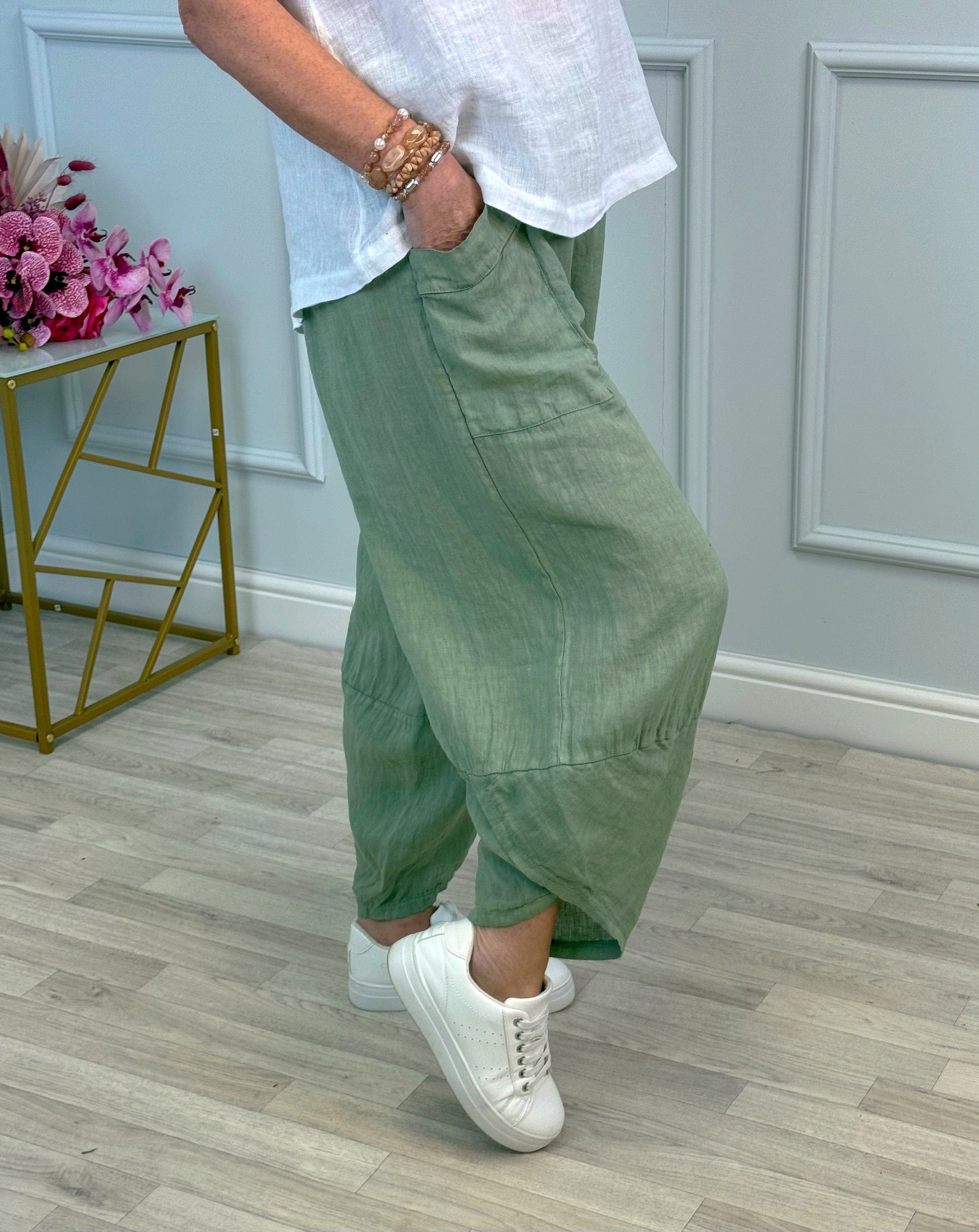 Larisa Quirky Linen Cocoon Pants 8-14 Khaki - Susie's Boutique