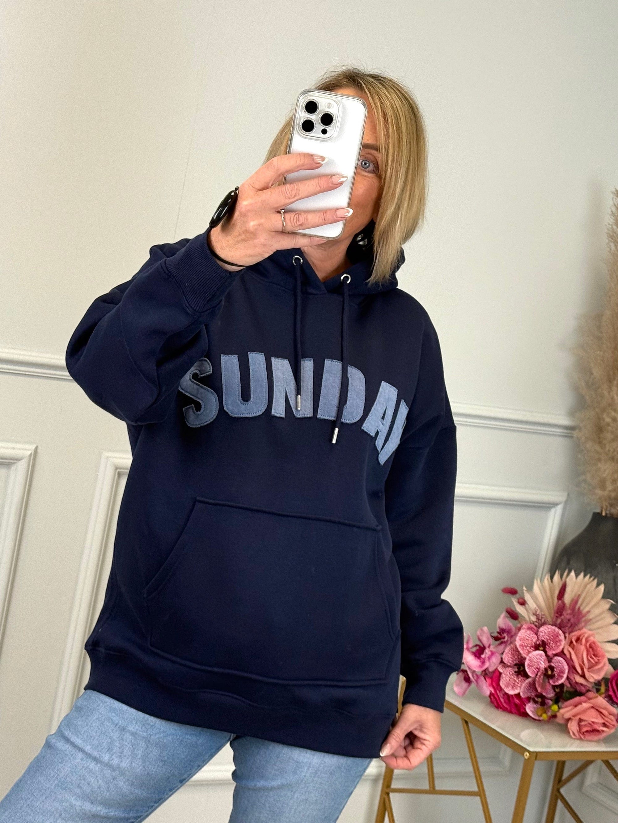 'Sunday' Denim Applique Hoodie Navy 8-22