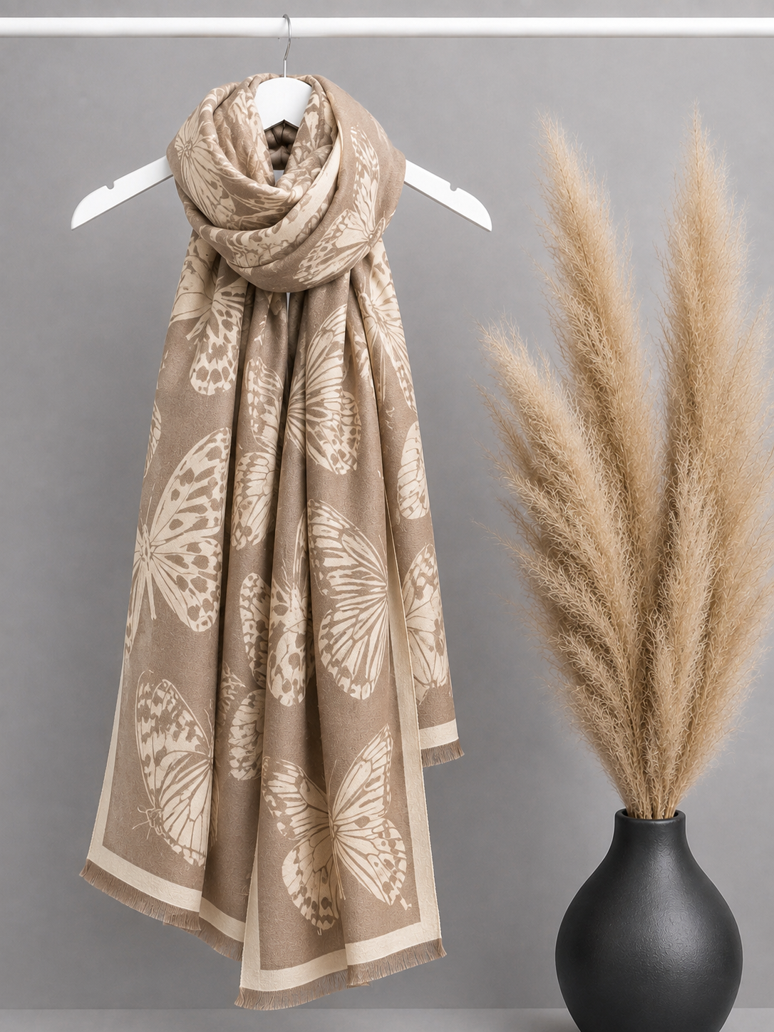 Reversible Butterfly Print Scarf – Beige & Cream