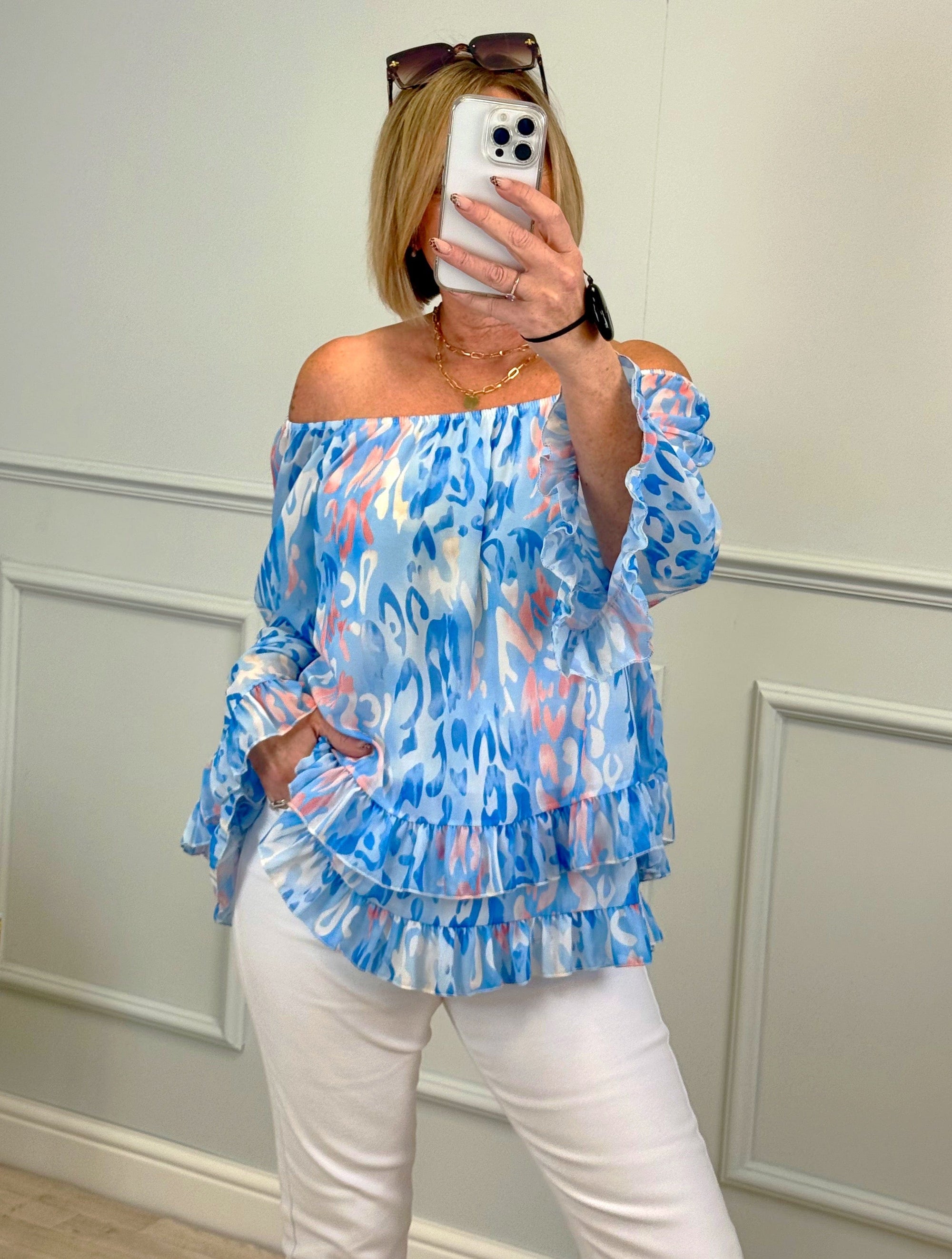 Serena Abstract Animal Print Bardot Frill Hem Chiffon Top Sizes 10-20 Blue