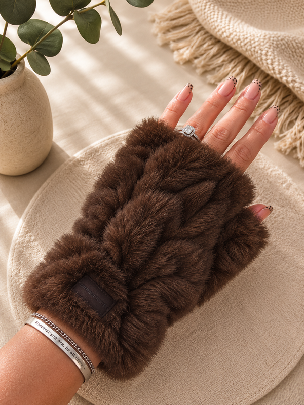 Sculpted Faux Fur Fingerless Gloves – Chocolate