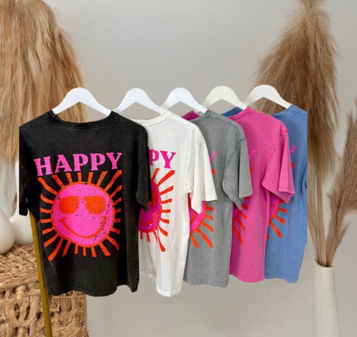 The Maya Retro Boyfriend Fit 'Happy' Graphic T-Shirt - One Size (Fits 8-14) Black - Susie's Boutique