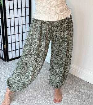 Leopard Print Harem Barrel Trousers 8-16 Khaki