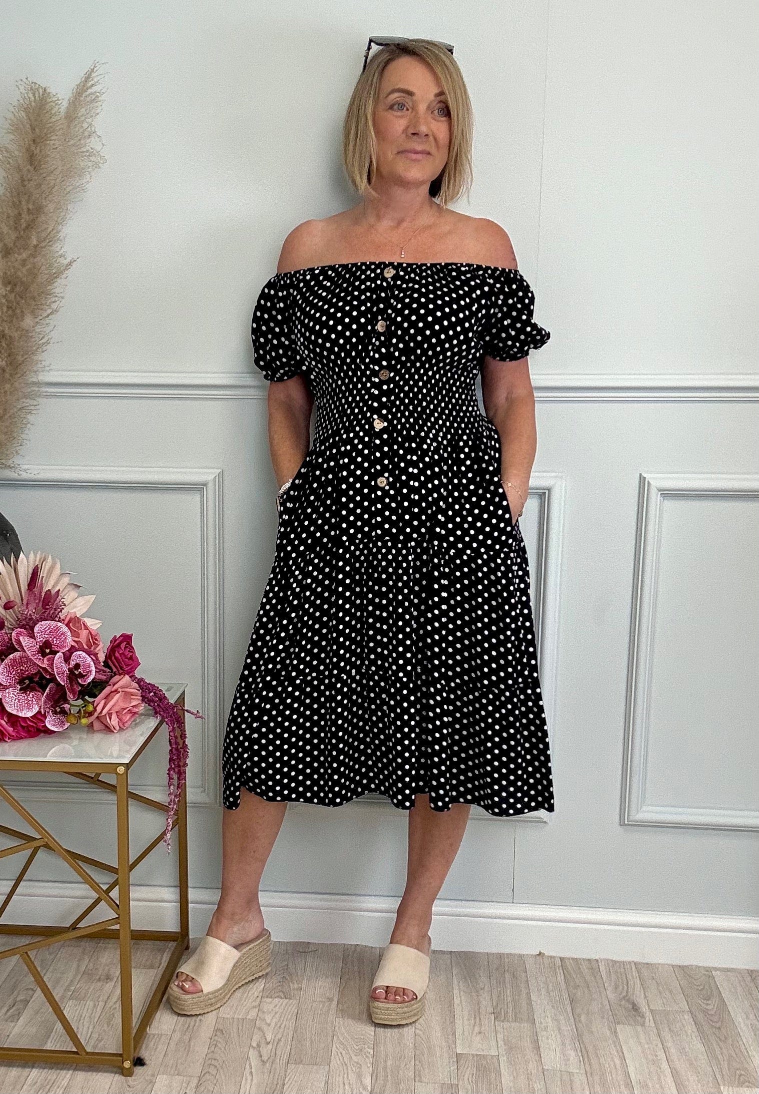 Lisa Polka Dot Magic Midi Dress 8-22 with pockets Black - Susie's Boutique
