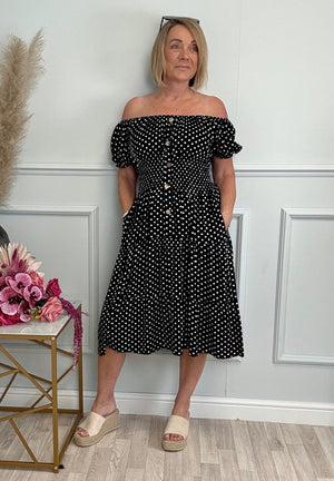 Lisa Polka Dot Magic Midi Dress 8-22 with pockets Black
