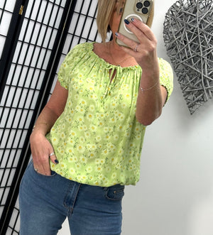 Jessie Gypsy Small Daisy Print Bardot Top 8-18 Lime - Susie's Boutique