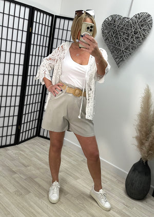 Amelie High waisted Pocket Belted Magic Shorts 8-16 Sand - Susie's Boutique