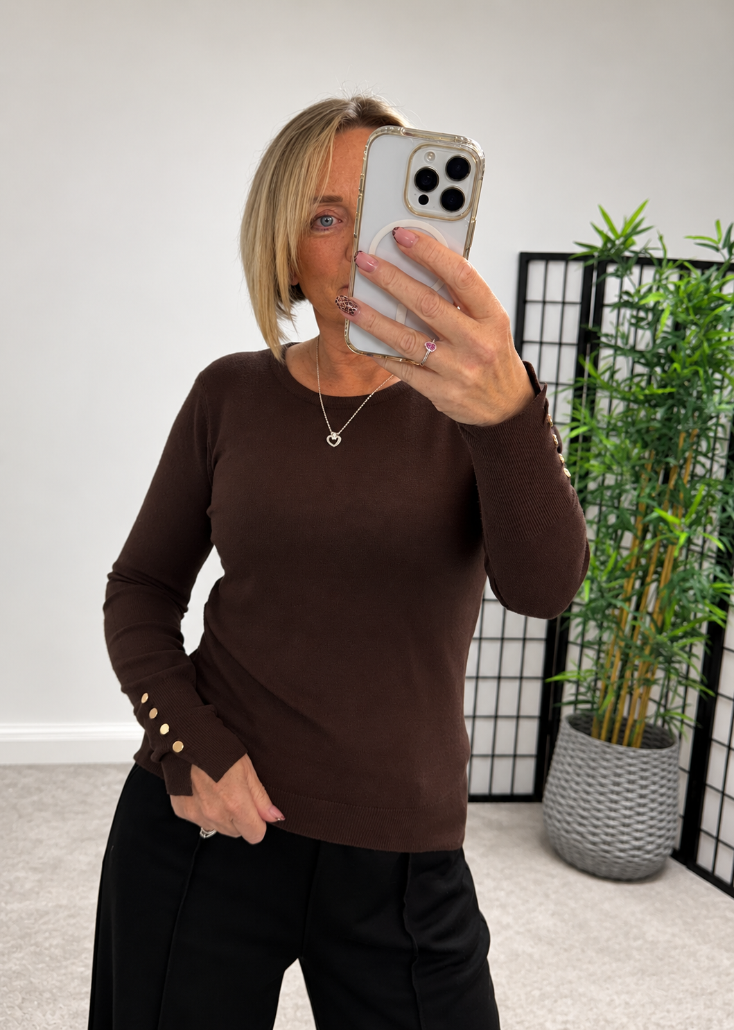 Nellie Gold Button Cuff Jumper – Chocolate