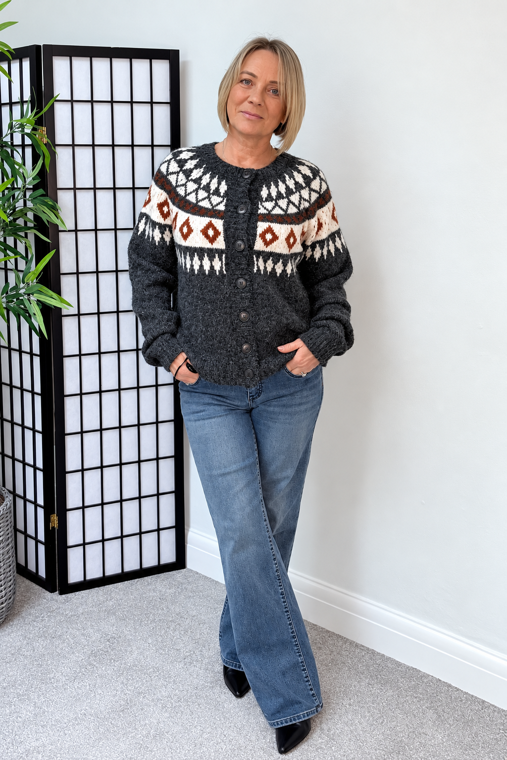 Elsie Fair Isle Cardigan – Charcoal