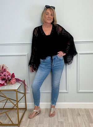 Talia Crochet Lace Top with Fringe Detail Black - Susie's Boutique