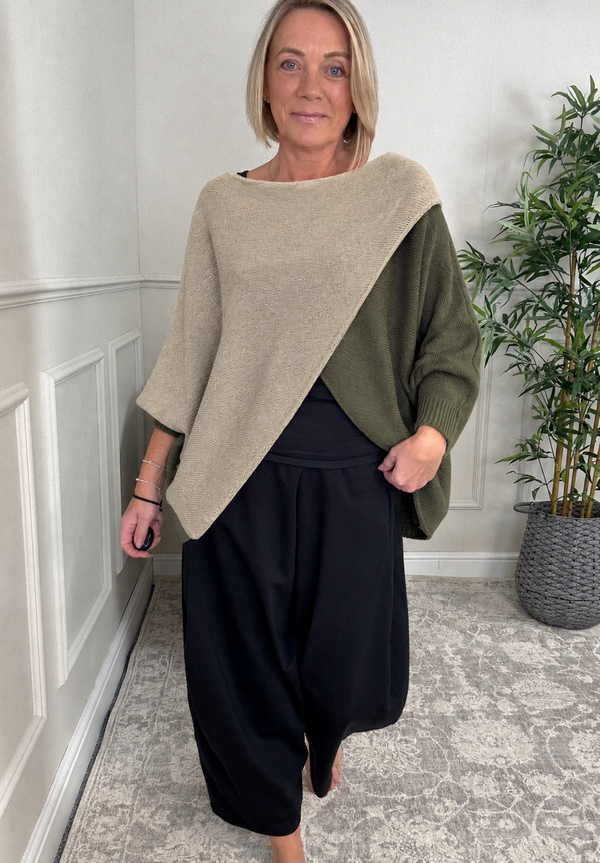 Orla Two Tone Crossover Knitted Jumper – Oatmeal & Olive