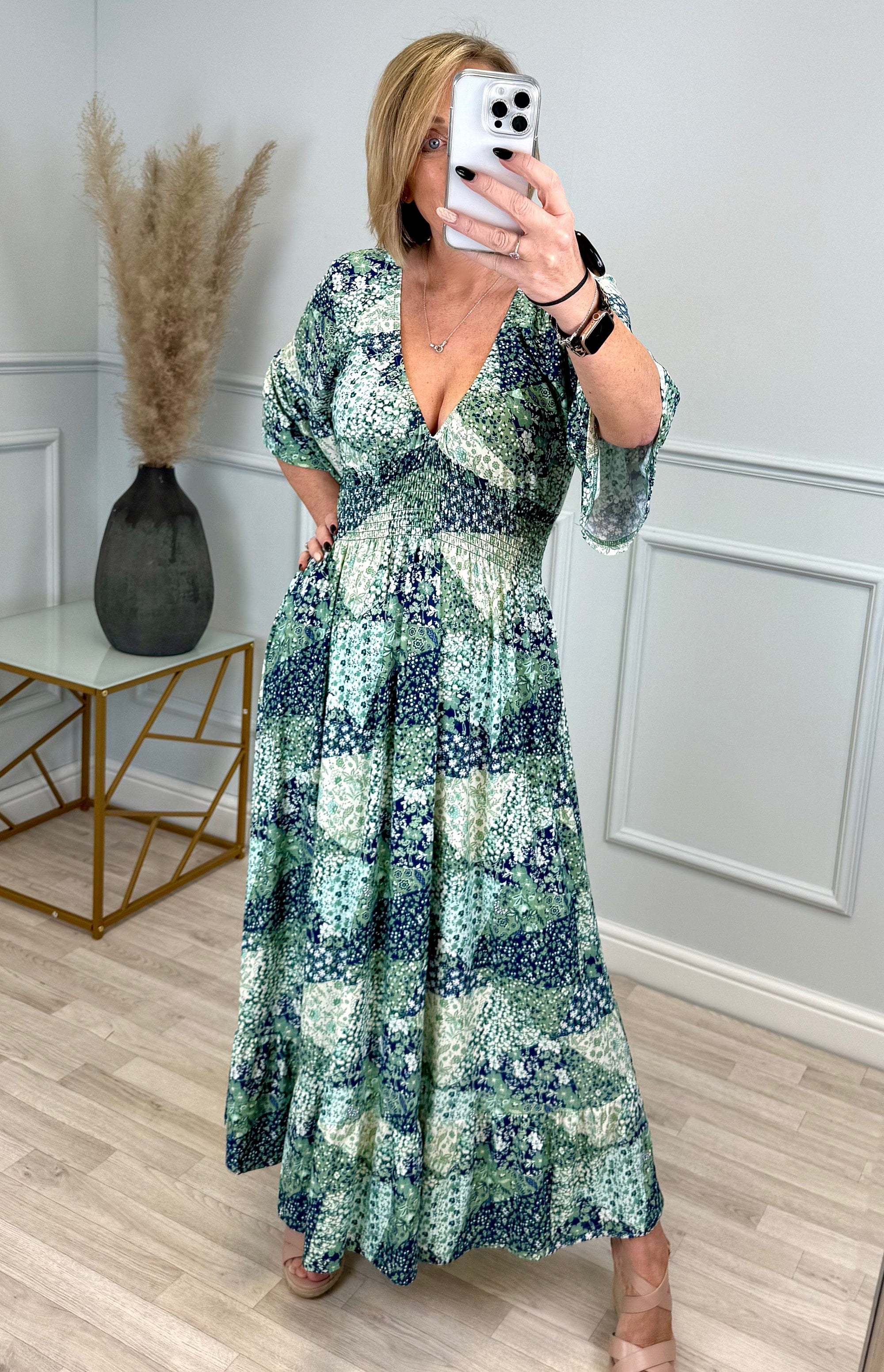 Azalea Ditsy V-Neck Shirred Waist Midi Dress - Flowy & Elegant Design (Sizes 8-20) - Susie's Boutique