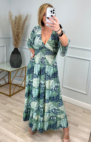 Azalea Ditsy V-Neck Shirred Waist Midi Dress - Flowy & Elegant Design (Sizes 8-20) - Susie's Boutique