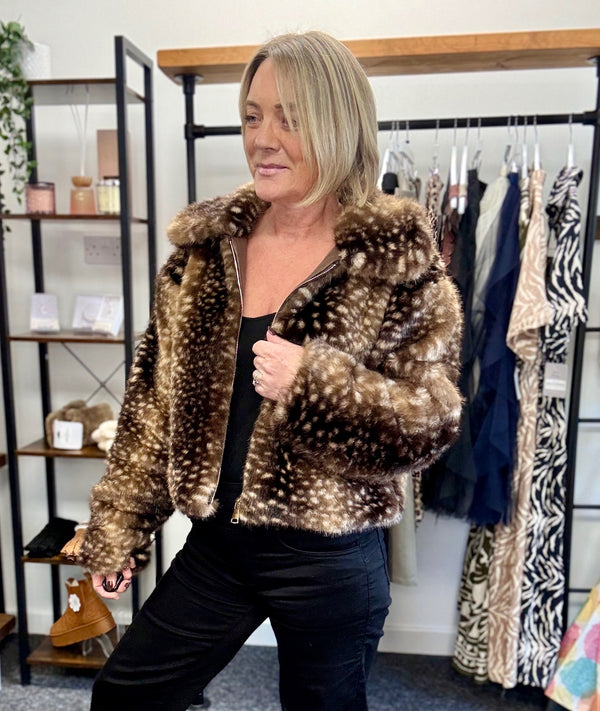 Bambi Fawn Print Faux Fur Jacket