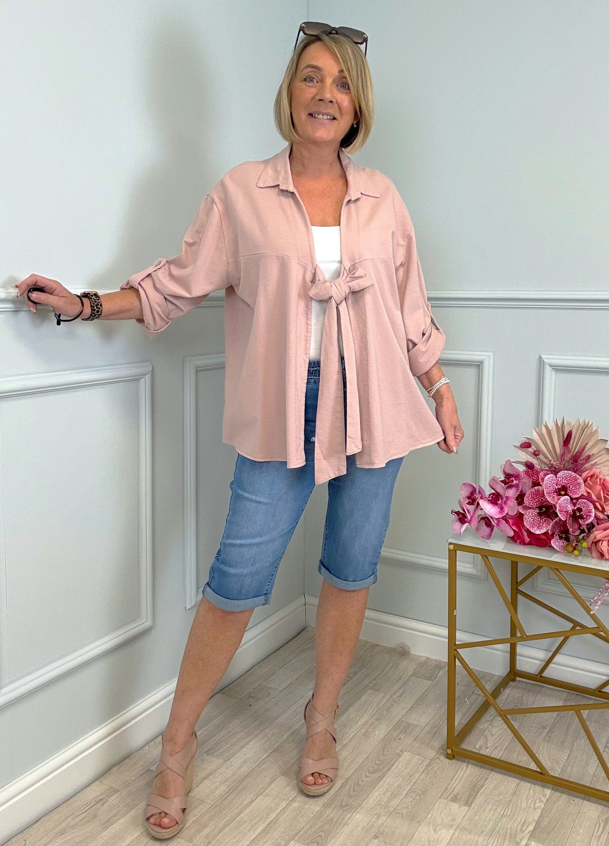 Eliza Tie-Front Lightweight Jacket with Roll-Up Sleeves 10-20 Pink
