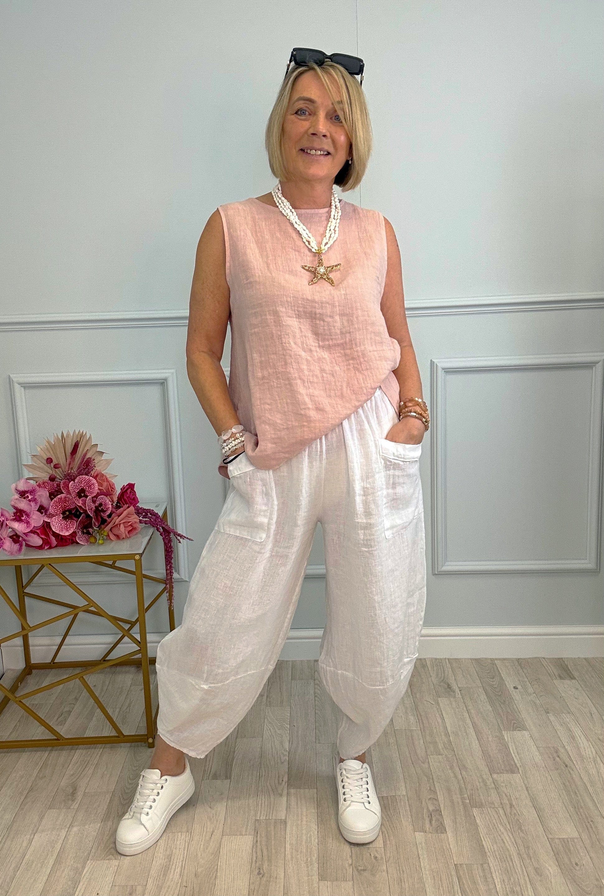 Larisa Quirky Linen Cocoon Pants 8-14 White - Susie's Boutique