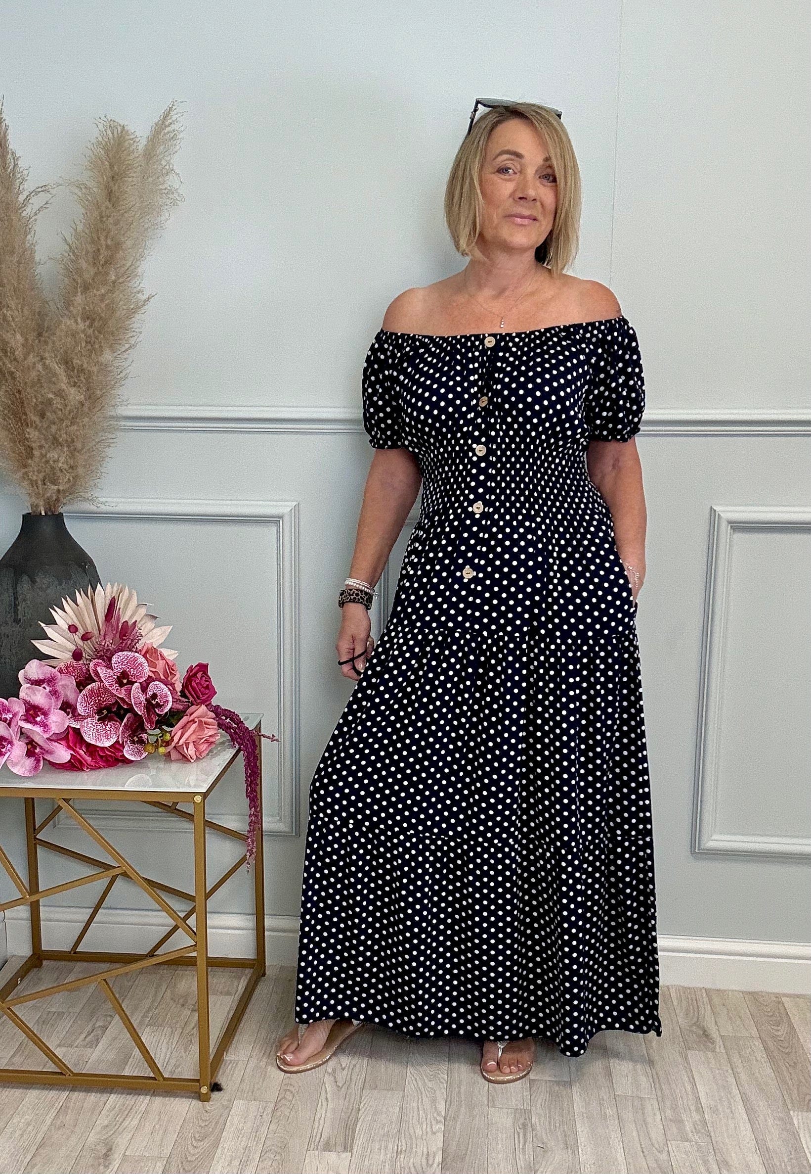 Fleur Polka Dot Magic Maxi Dress with pockets 8-18+ - Susie's Boutique