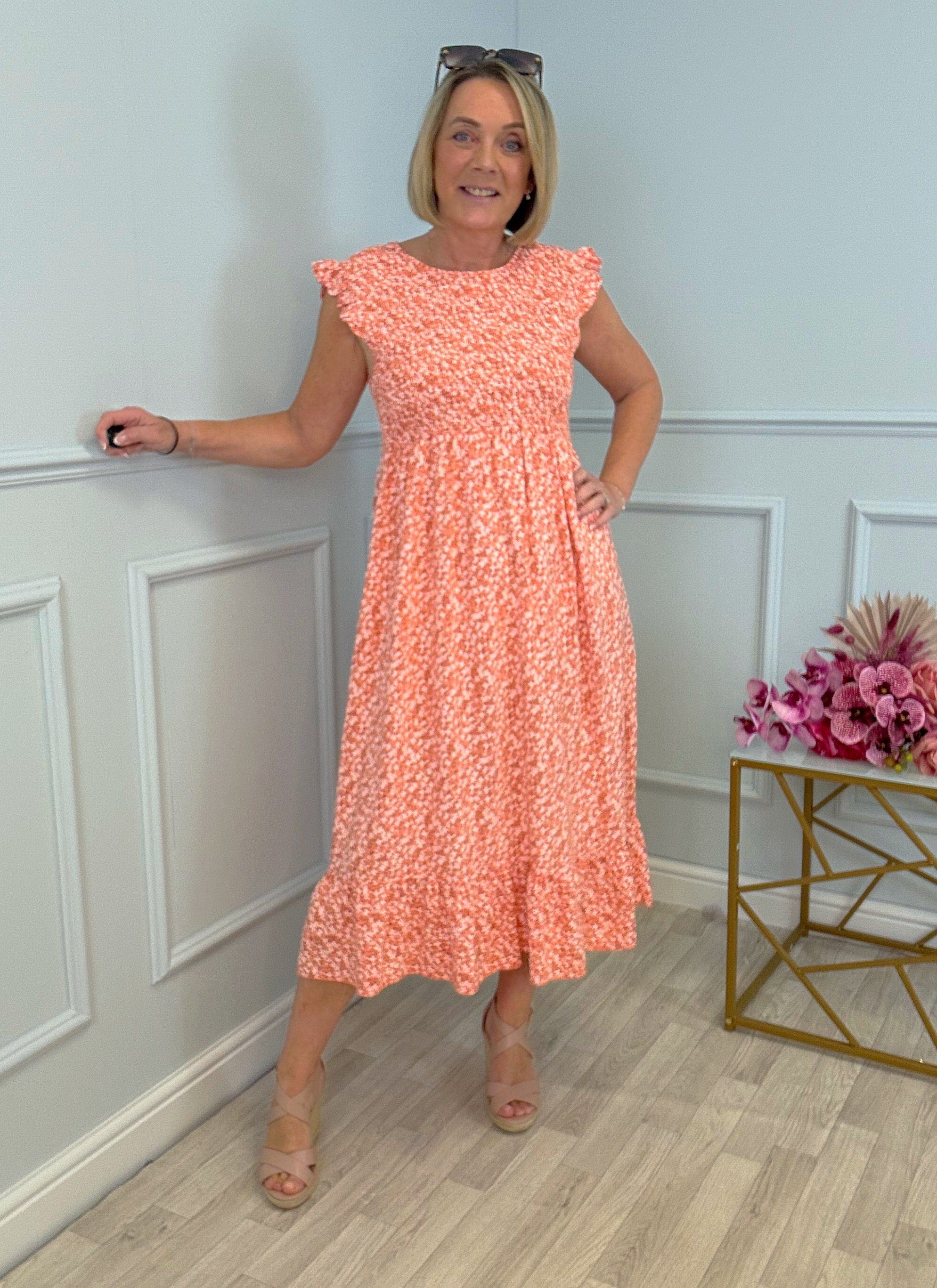 Irina Ditsy Print Midi Dress 8-16 Peach - Susie's Boutique