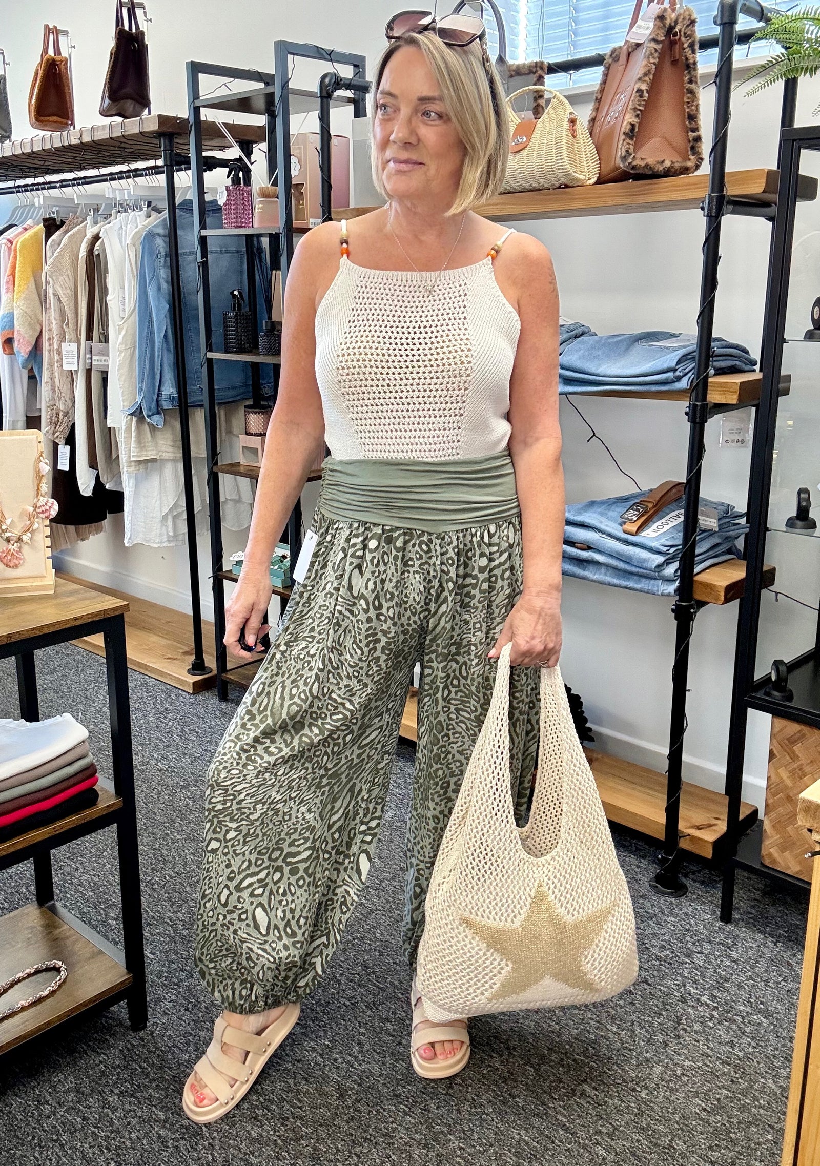 Leopard Print Harem Barrel Trousers 8-16 Khaki