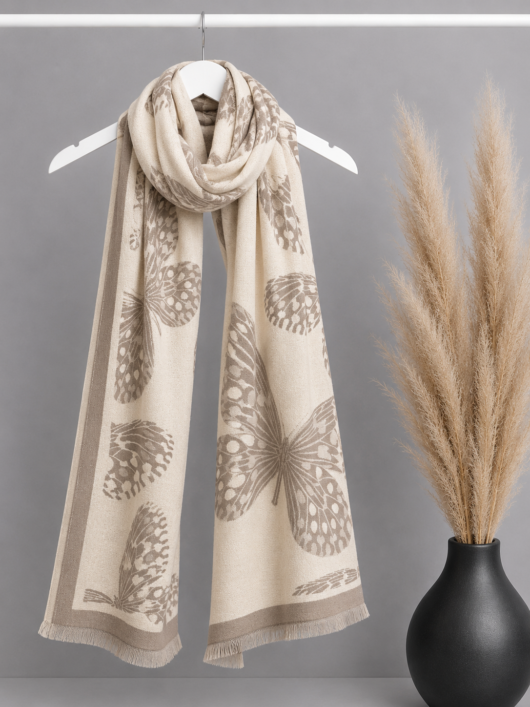 Reversible Butterfly Print Scarf – Beige & Cream