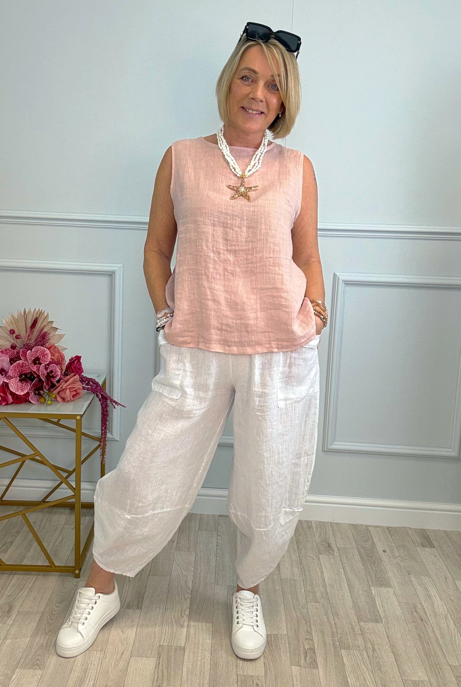 Larisa Quirky Linen Cocoon Pants 8-14 White - Susie's Boutique