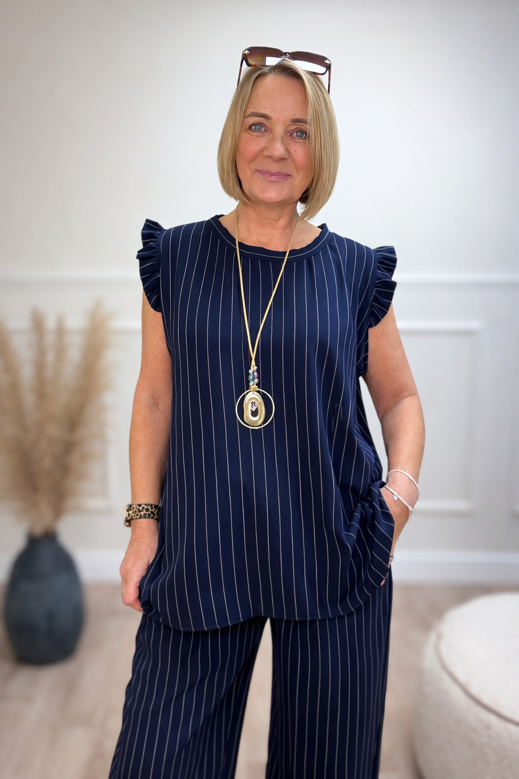 Kennedy Pinstripe Frill Shoulder Co-Ord Set 10-18