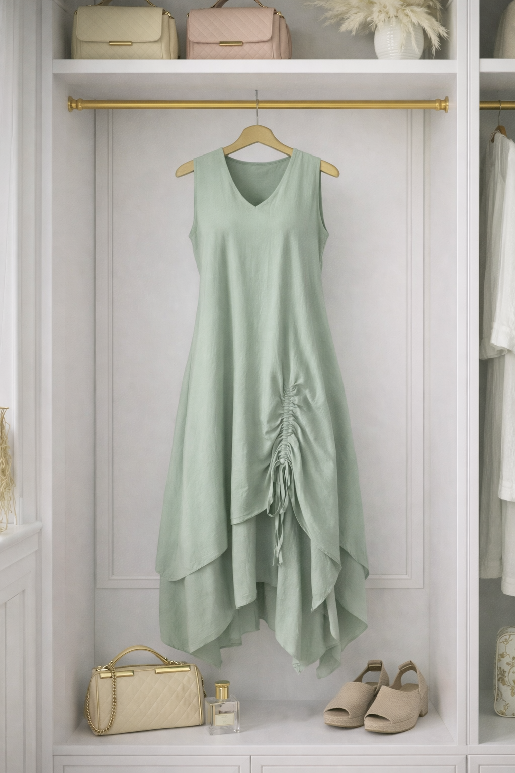 Naya Drawstring Ruched Hem Dress – Sizes 12–18 Sage