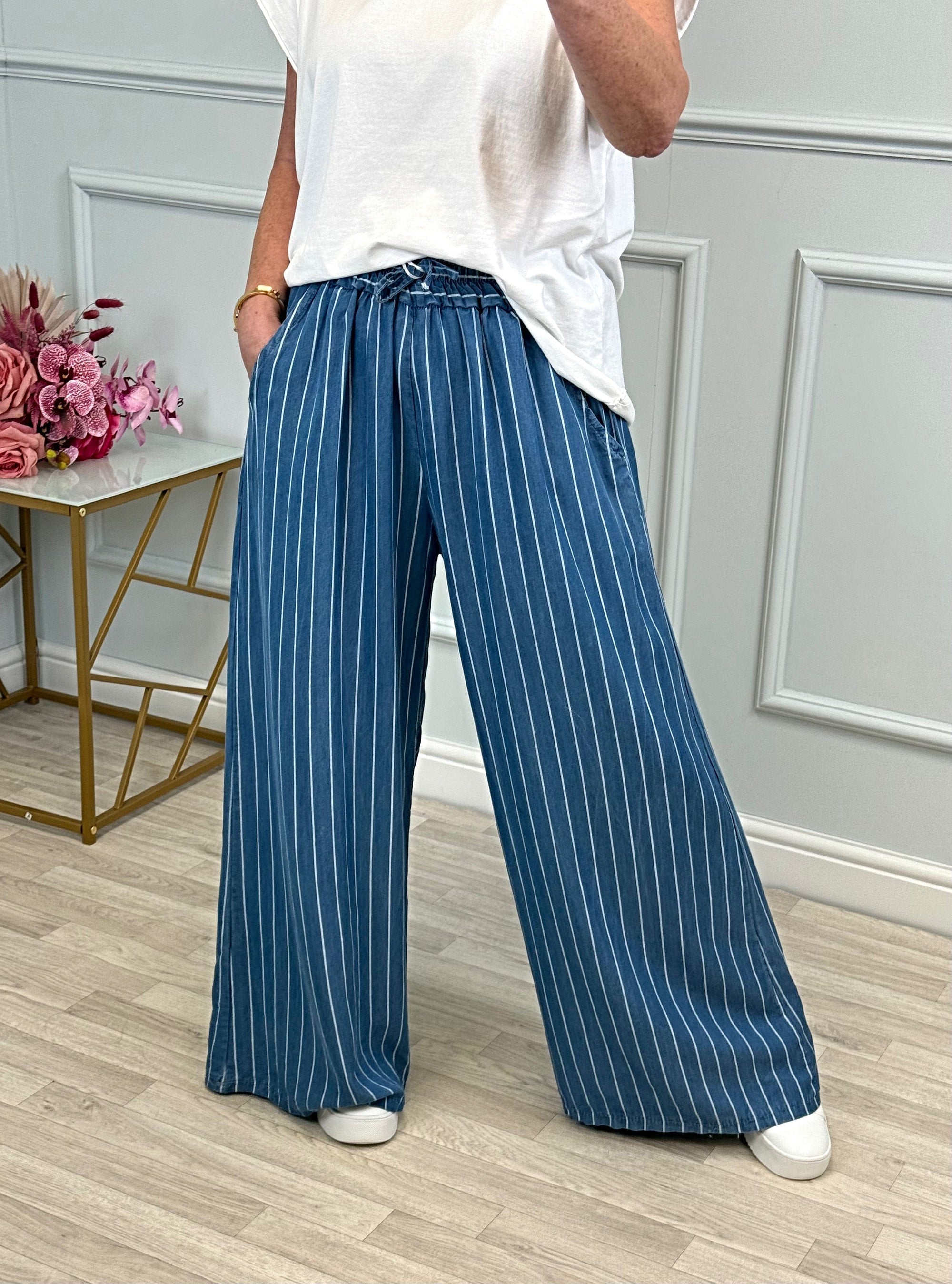 Lara Wide-Leg Chambray Stripe Trousers Sizes 8-18