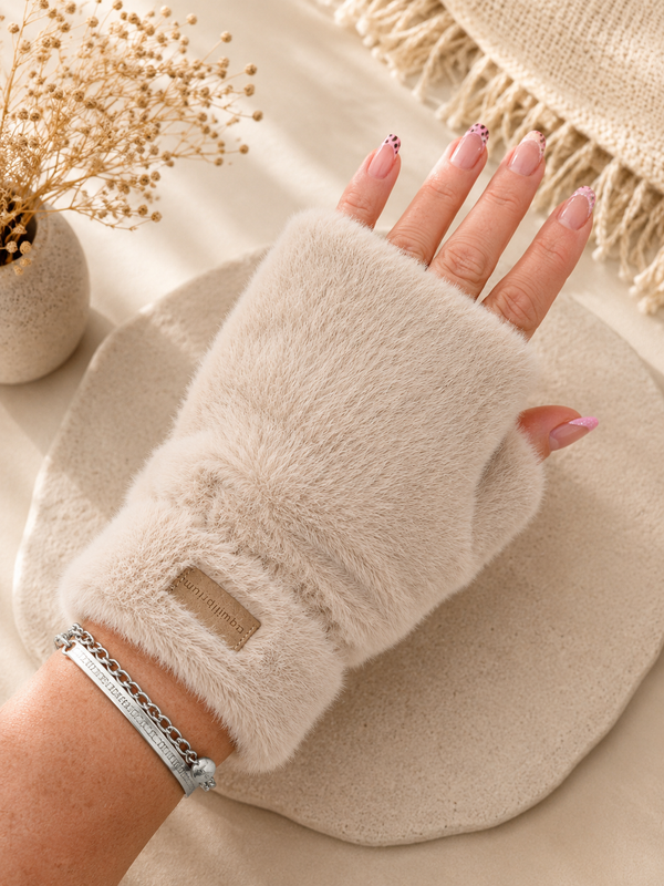 Faux Fur Fingerless Gloves – Cream