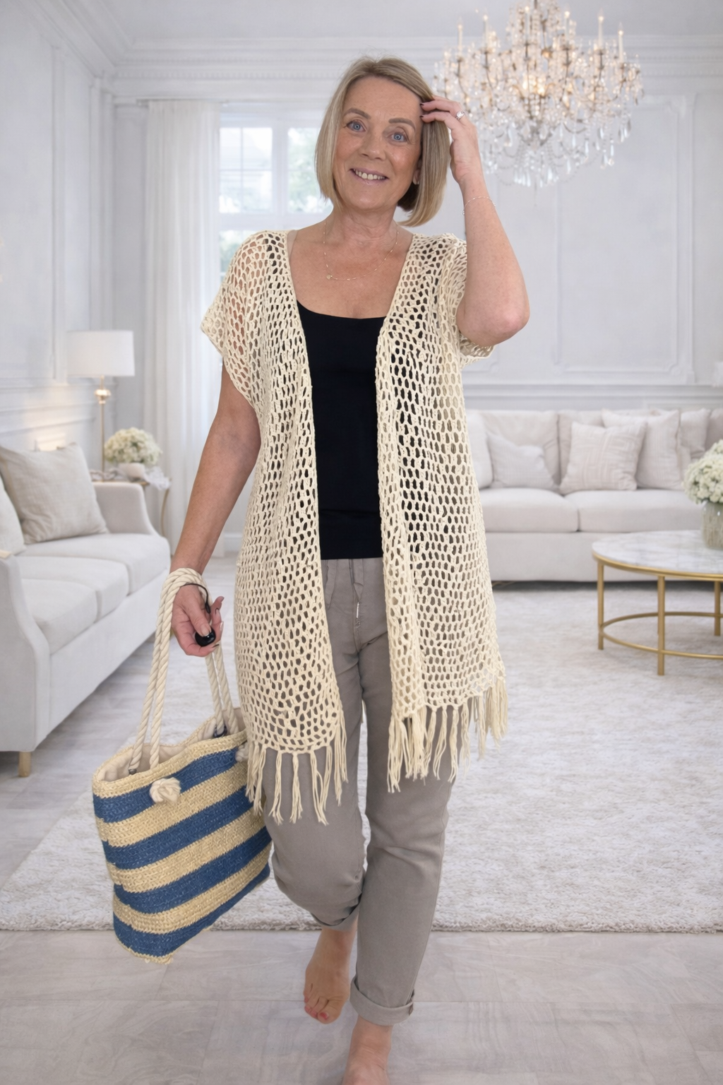 Soleia Crochet Tassel Fringe Back Cardigan No Returns on Sale Items