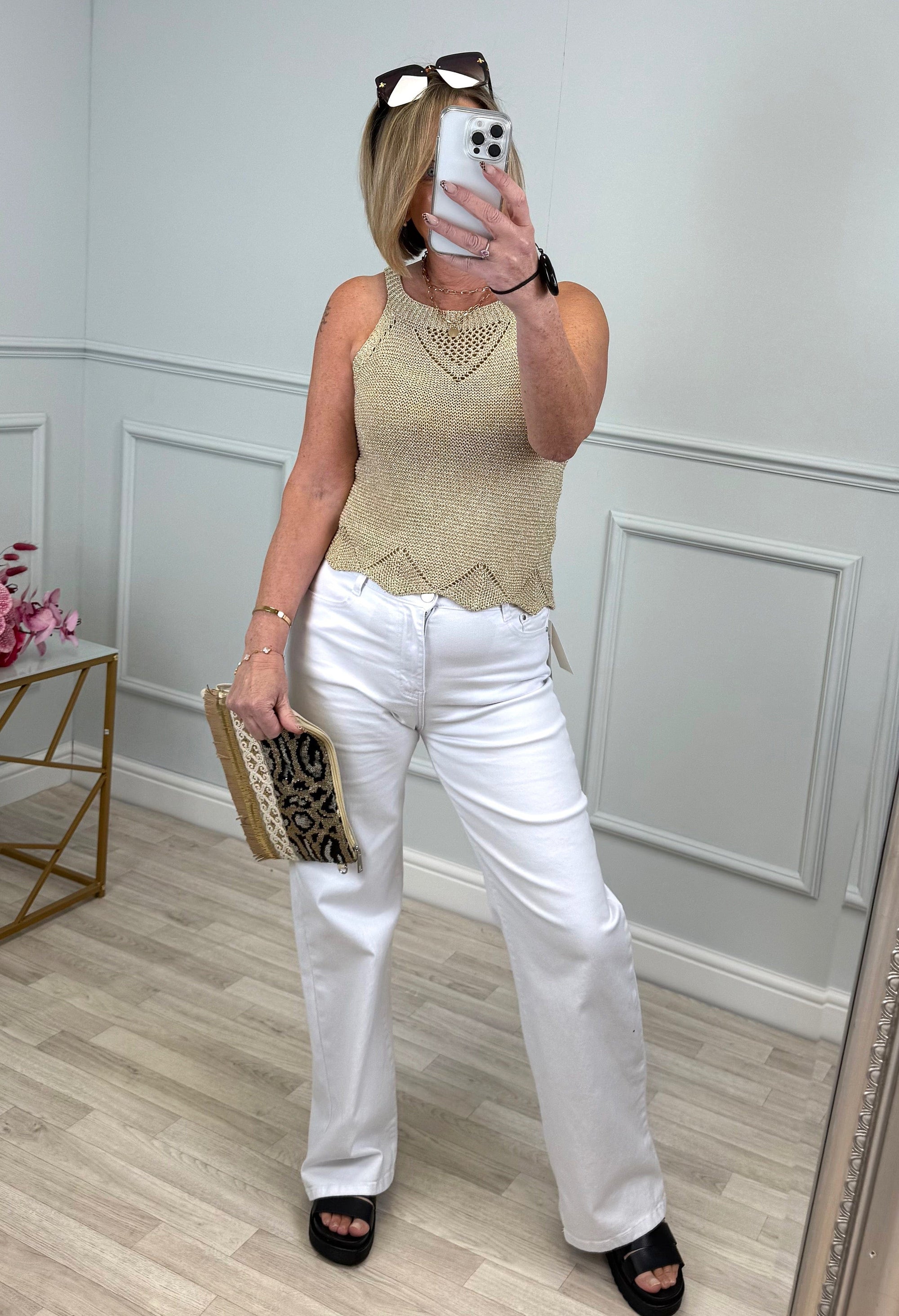 Thea Knitted Vest Top – Gold Lurex, Scallop Hem 8-16