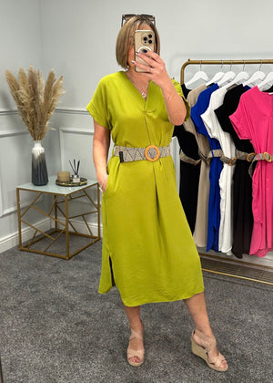 Harlowe V-Neck Belted Dress 8-18 Green - Susie's Boutique
