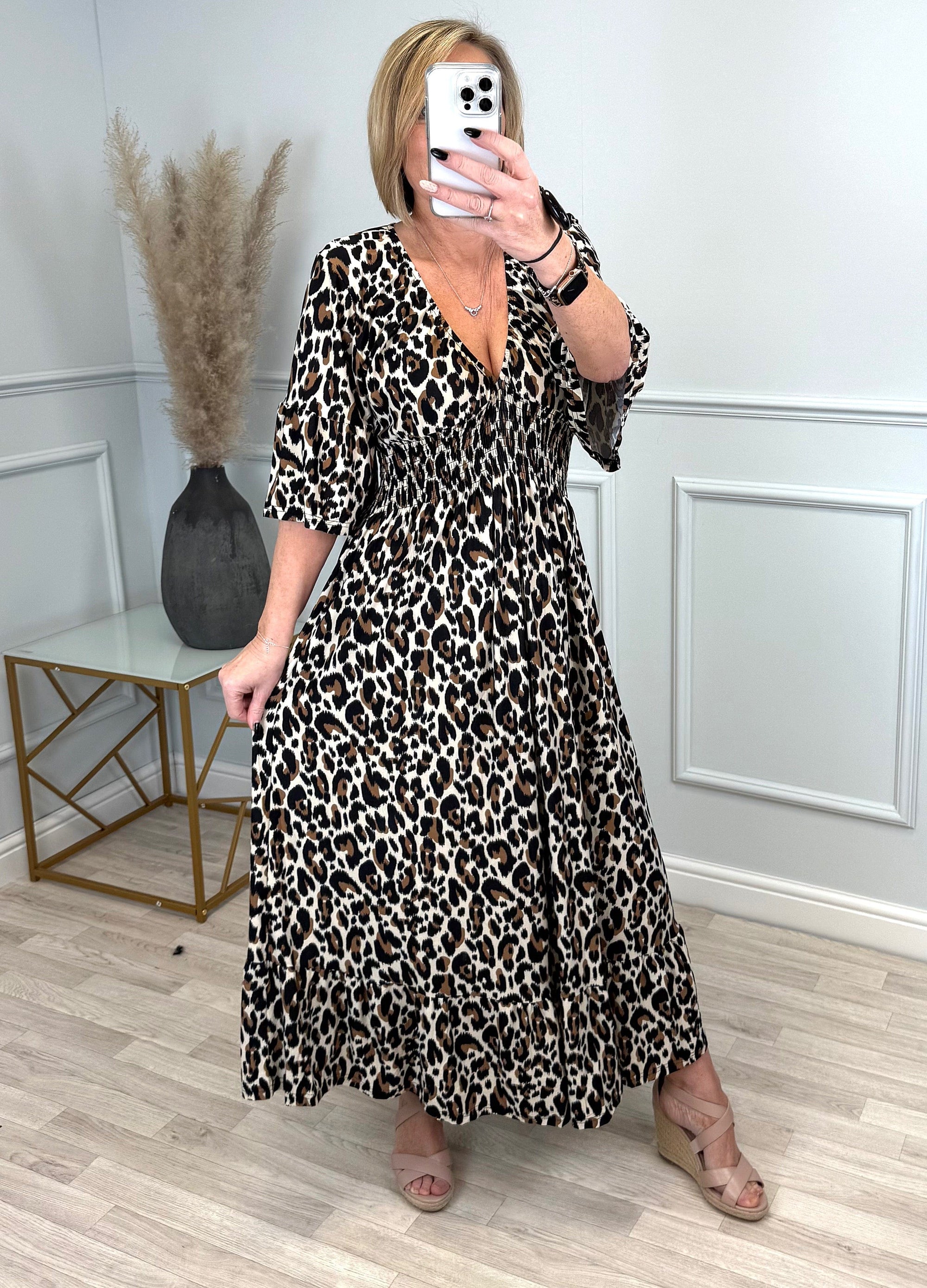 Azalea Leopard V-Neck Shirred Waist Midi Dress - Flowy & Elegant Design (Sizes 8-20) - Susie's Boutique