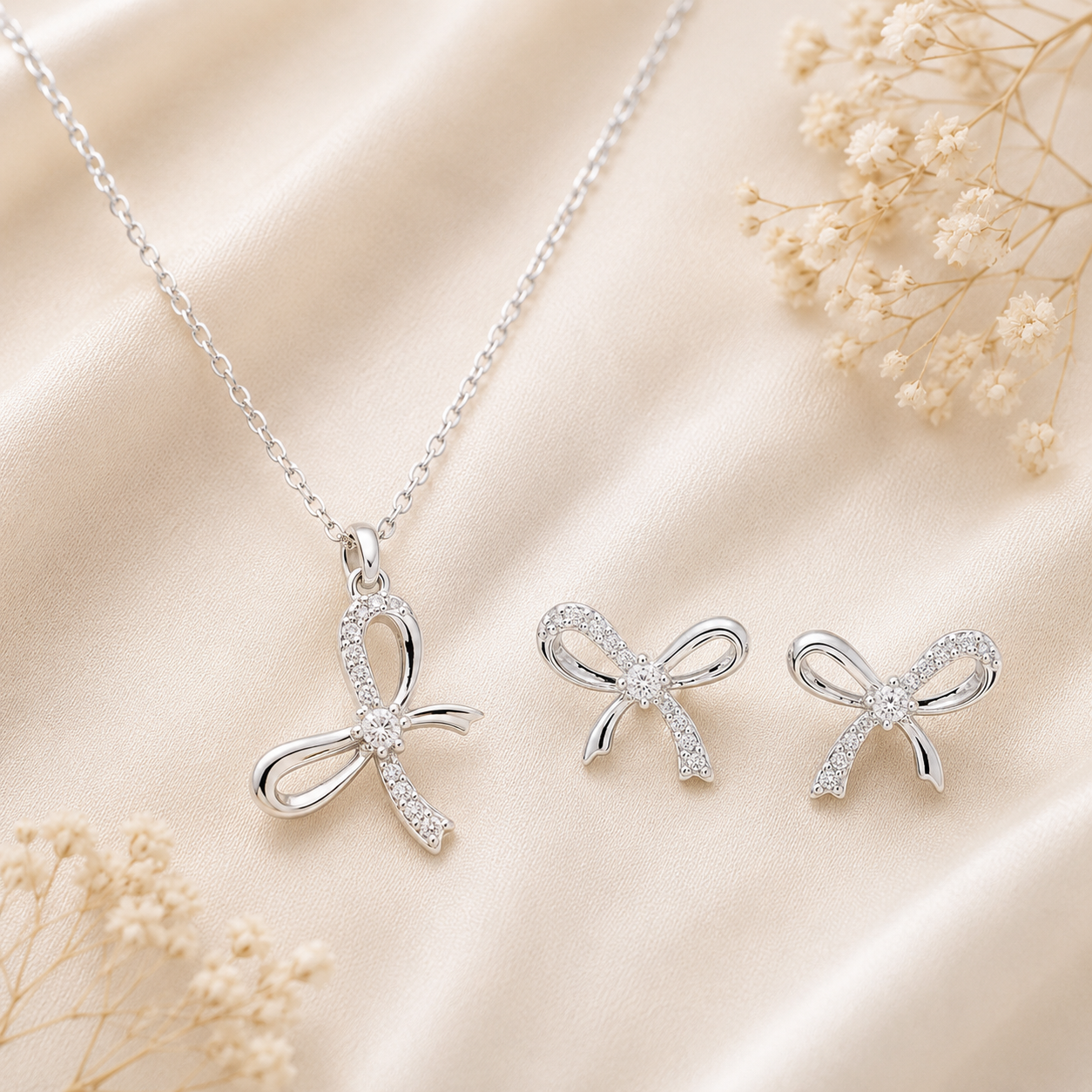 Silver Plated Bow Necklace & Earrings Gift Set