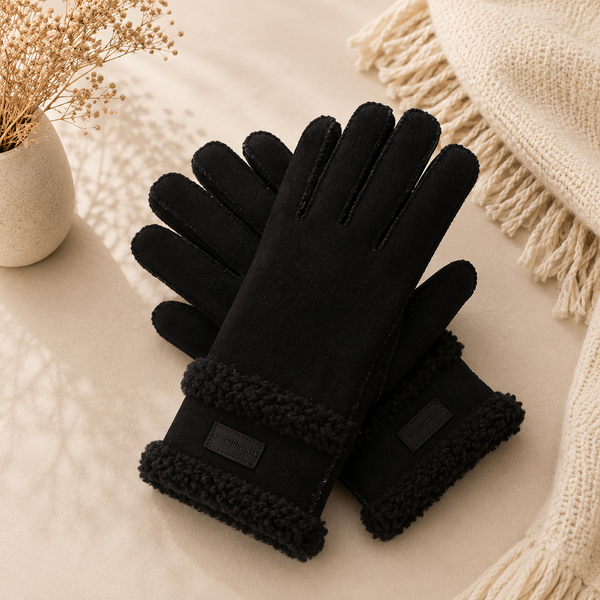 Faux Suede Borg Trim Gloves – Black