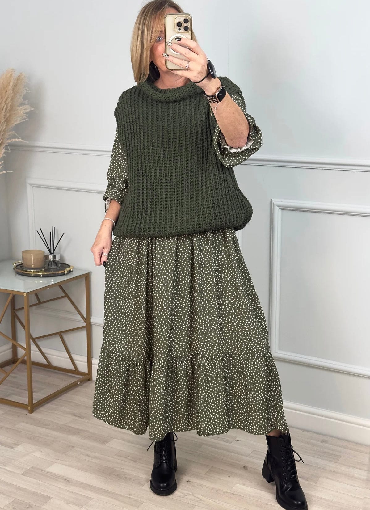 Leyla Sheered Polka Dress 10-16 Khaki - Susie's Boutique