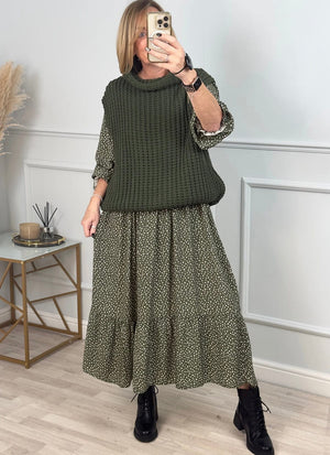 Leyla Sheered Polka Dress 10-16 Khaki - Susie's Boutique