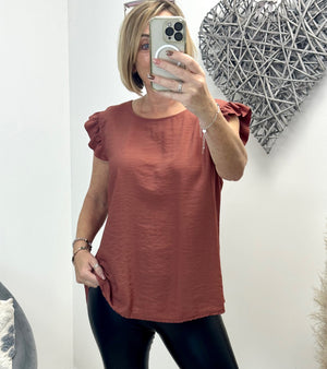 Grace Frill Sleeve Button Back Top 8-16 Brick - Susie's Boutique