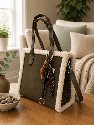 Teddy-Trim Suedette Charm Tote Bag ( more colours )