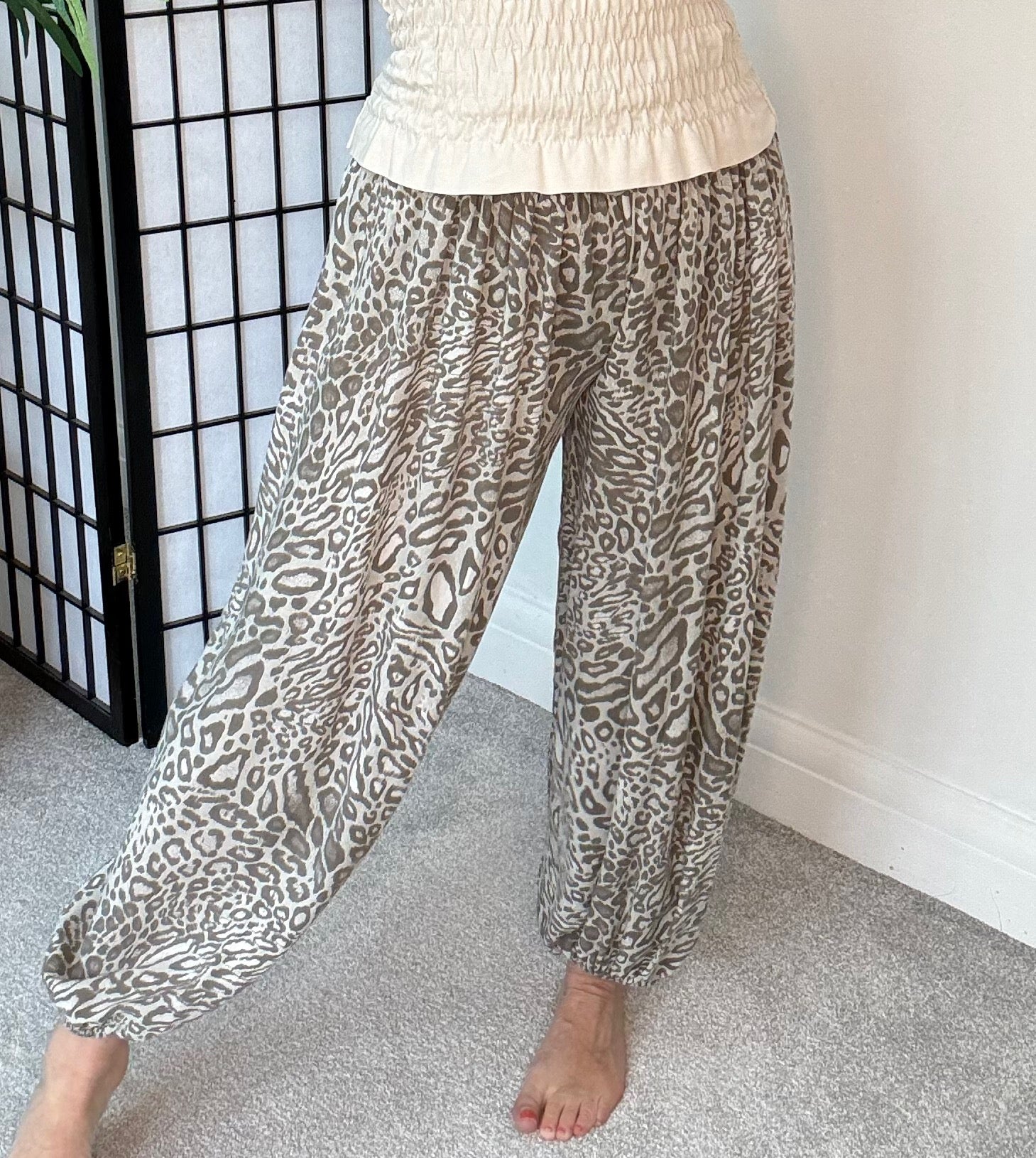 Leopard Print Harem Barrel Trousers 8-16 Mocha