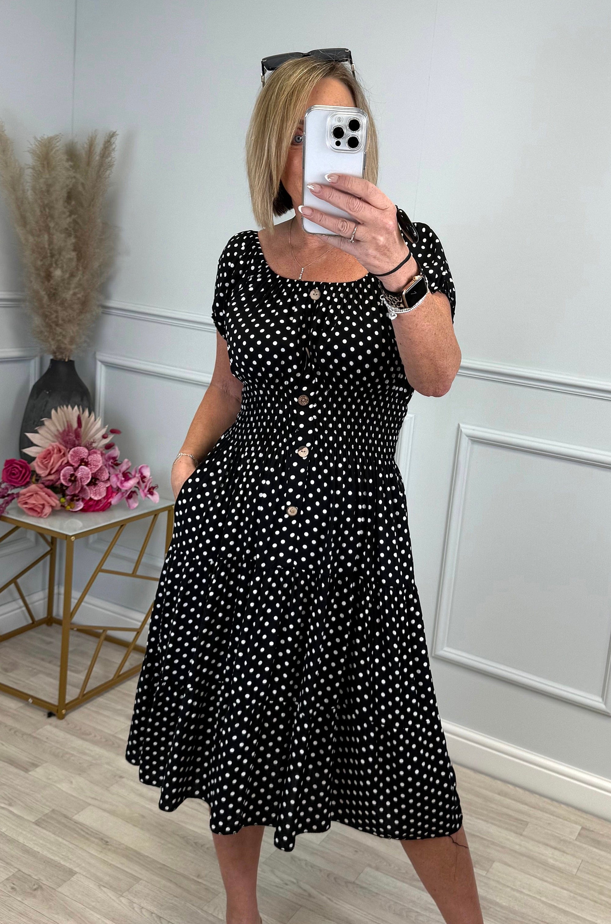 Lisa Polka Dot Magic Midi Dress 8-22 with pockets Black