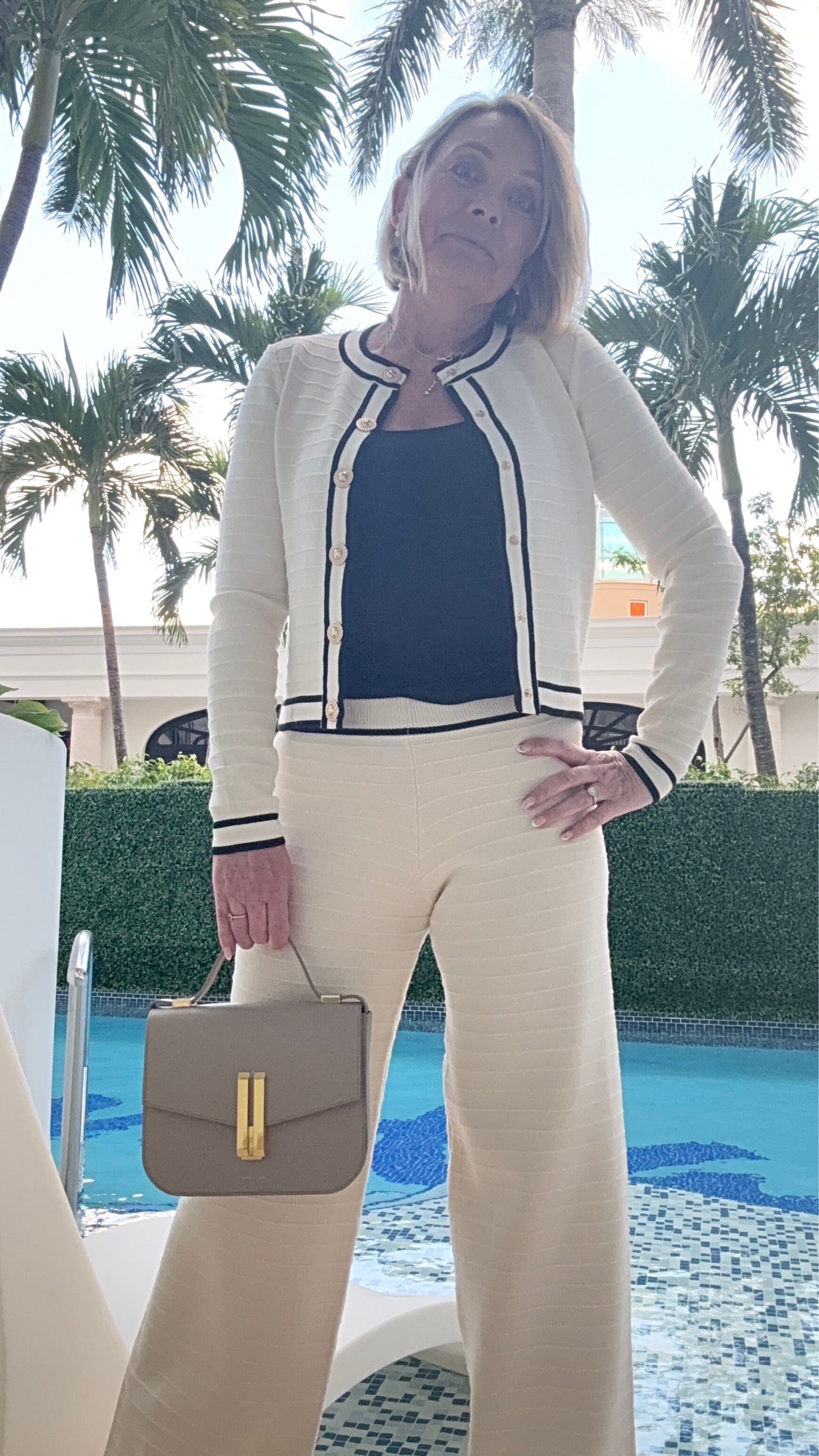 Ava Contrast Trim Cardigan – Gold Button Detailing, Elegant Knitted Jacket (Sizes 8-14) Cream