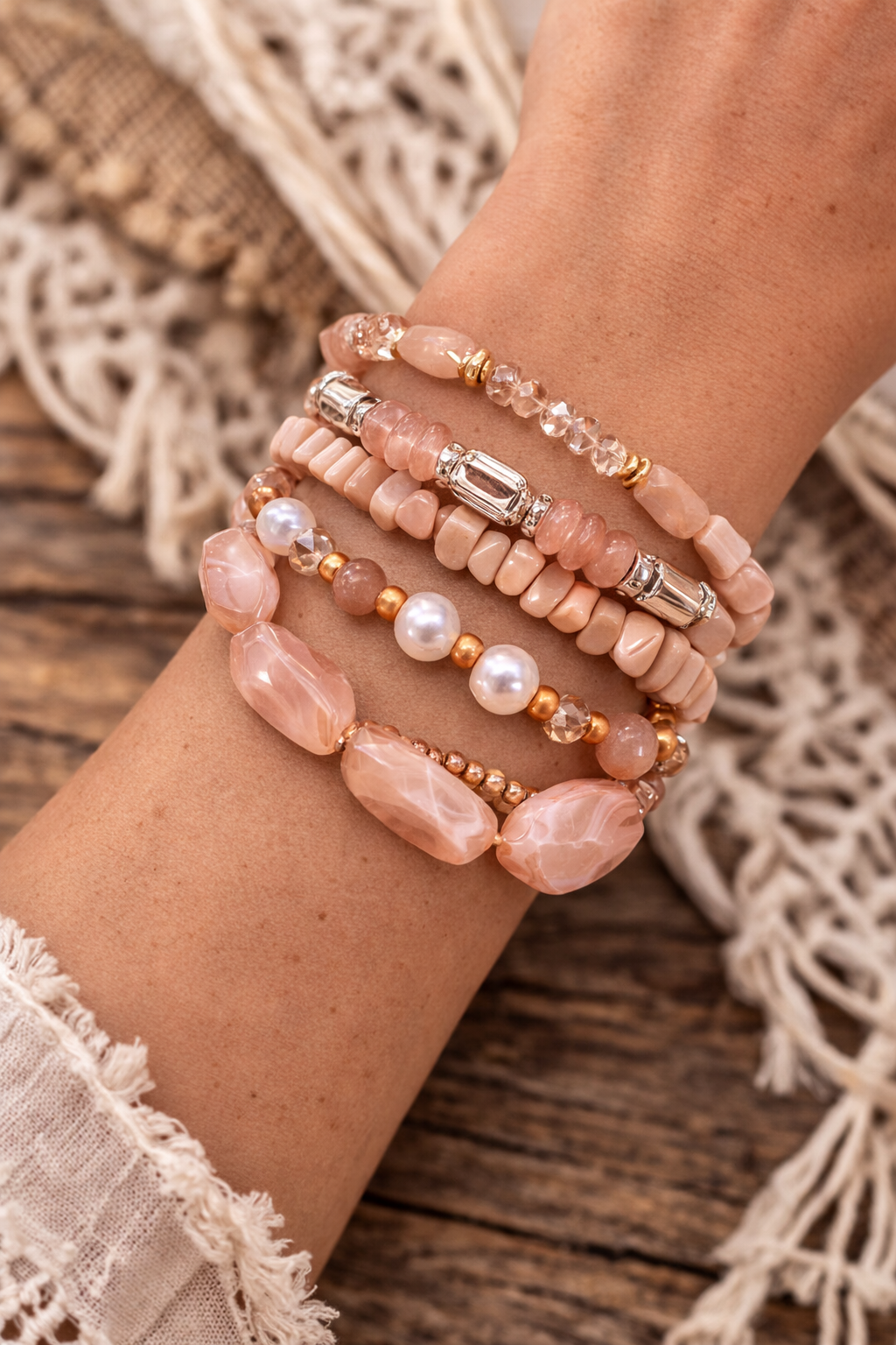 4-Piece Mocha Beaded Bracelet Stack