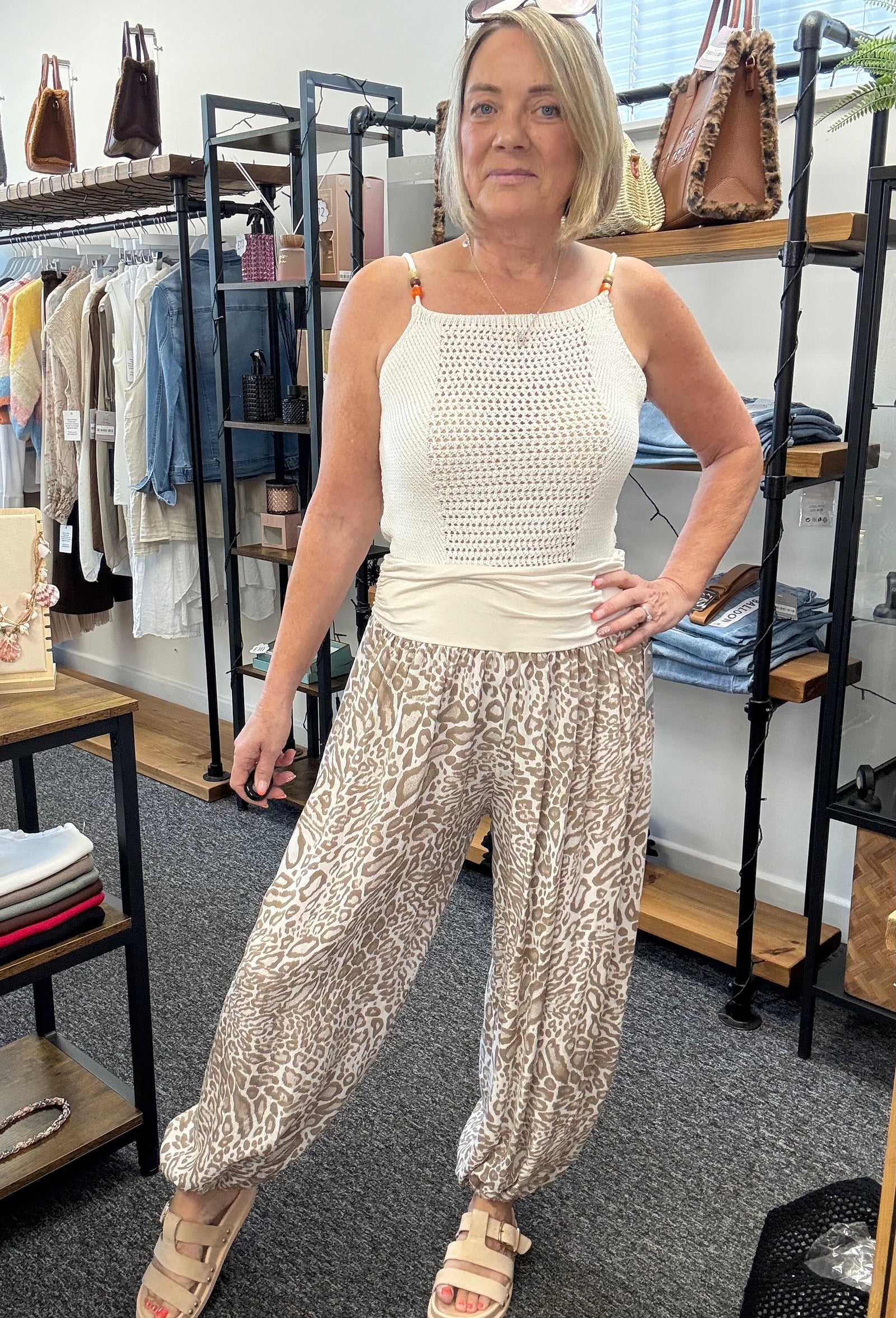 Leopard Print Harem Barrel Trousers 8-16 Sand
