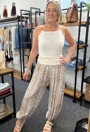 Leopard Print Harem Barrel Trousers 8-16 Sand