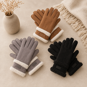 Faux Suede Borg Trim Gloves – Tan