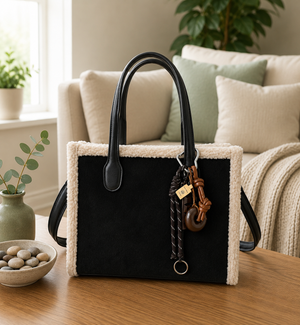 Teddy-Trim Suedette Charm Tote Bag ( more colours )