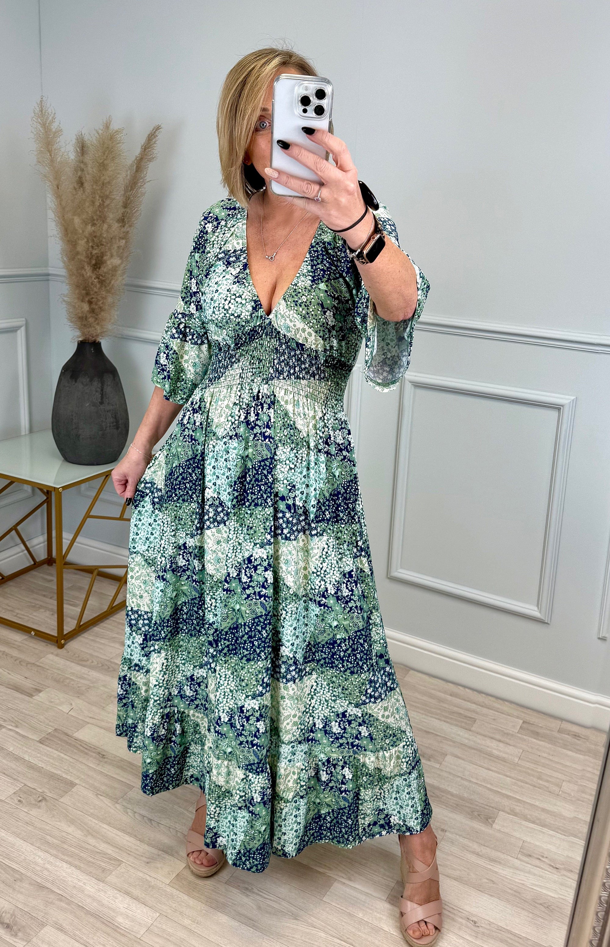 Azalea Ditsy V-Neck Shirred Waist Midi Dress - Flowy & Elegant Design (Sizes 8-20) - Susie's Boutique