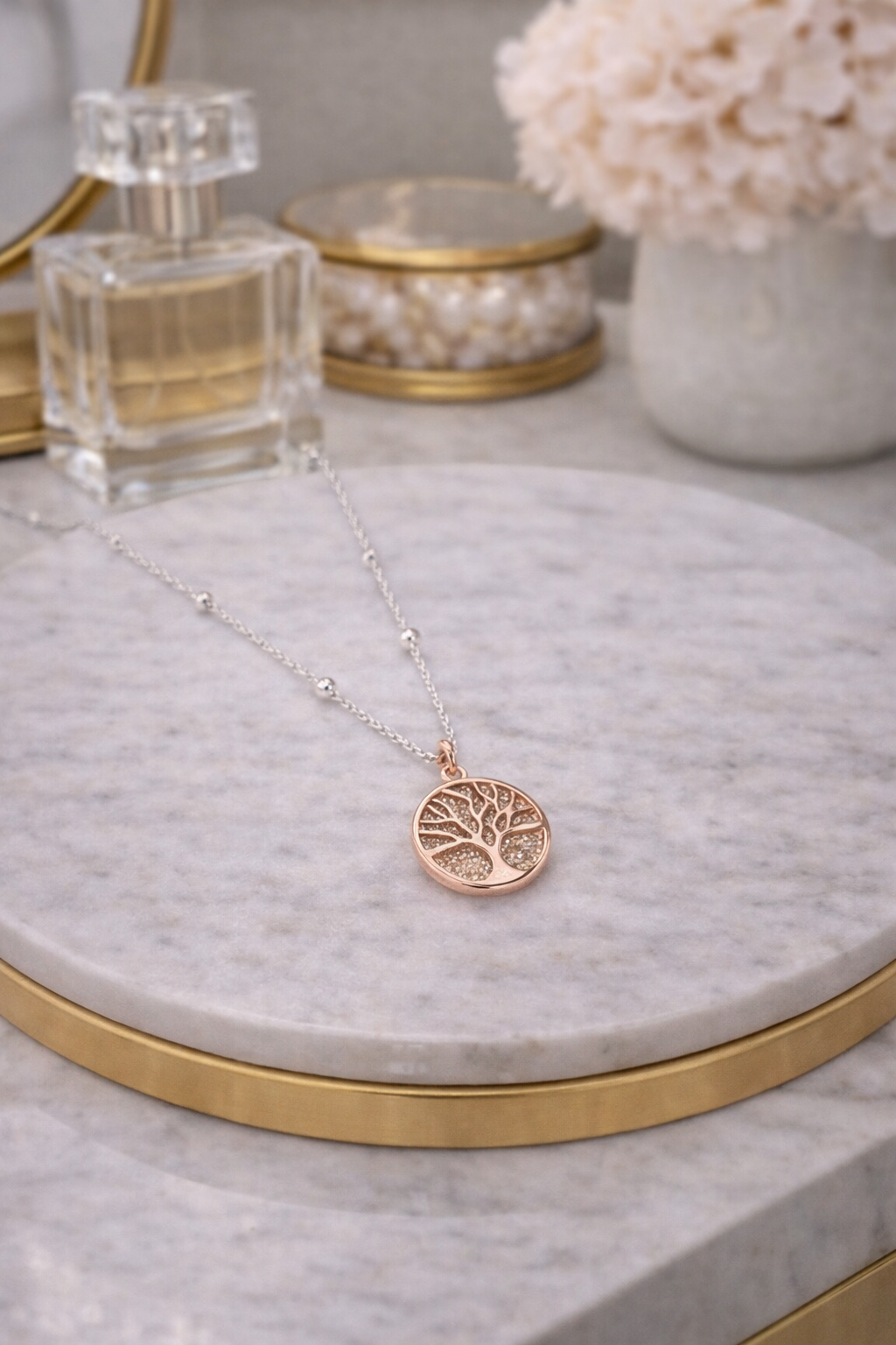 Rose Gold Filigree Disk Tree of Life Pendant Necklace
