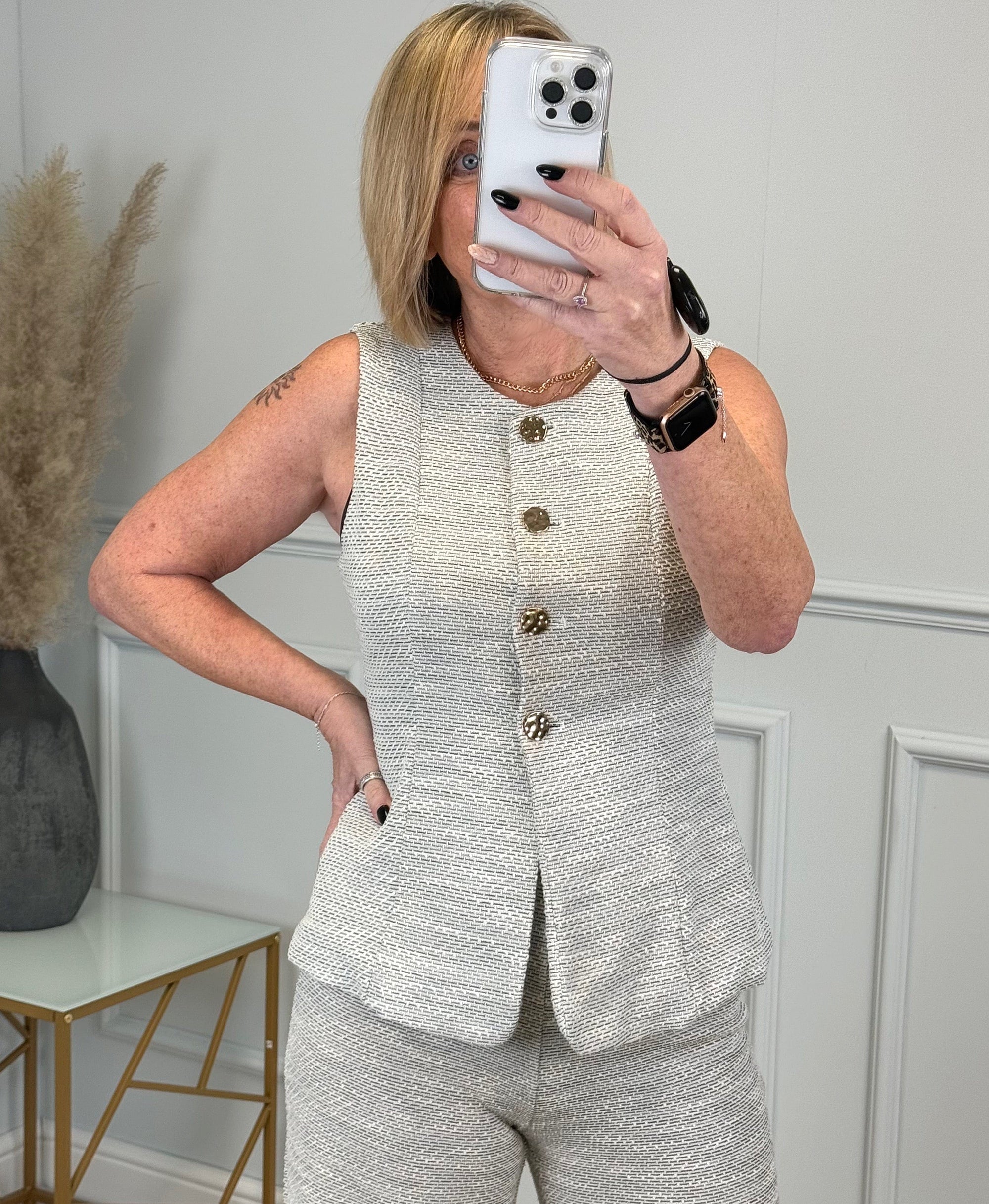 Leilani Textured Button-Up Waistcoat 10-14 Stone - Susie's Boutique